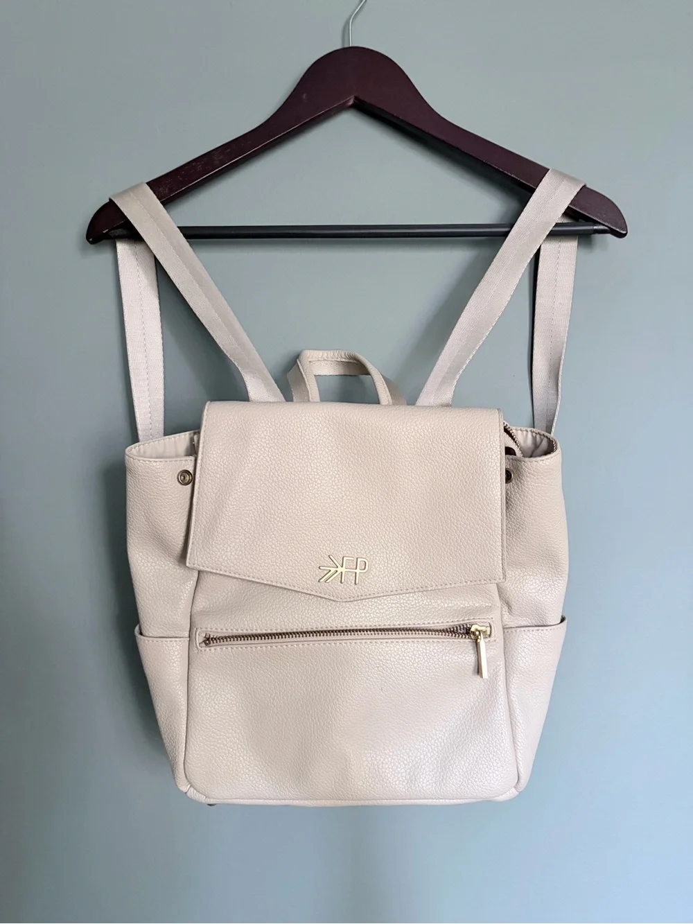 Freshly Picked Cream Pebbled Faux Leather Backpack with Gold Logo